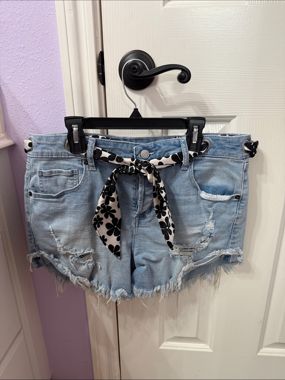 Altar'd State Light Blue Distressed Denim Shorts with Black & White Floral Scarf